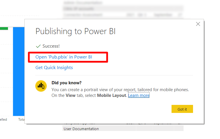 Skærmbillede af udgivelsen til Power BI-dialogen, med succesbeskeden og et fremhævet link.