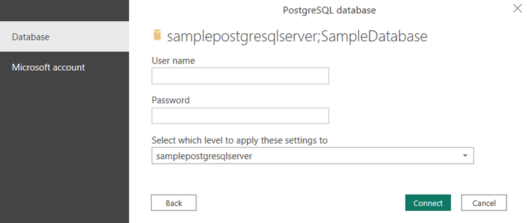Skærmbillede af godkendelsesdialogboksen, hvor du angiver dit PostgreSQL-brugernavn og din adgangskode.