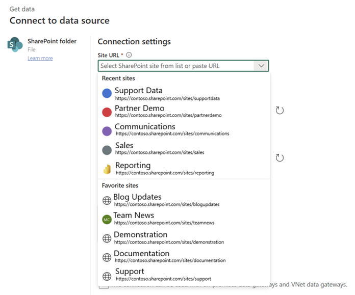 Skærmbillede af valg af SharePoint-site fra SharePoint Site Picker.
