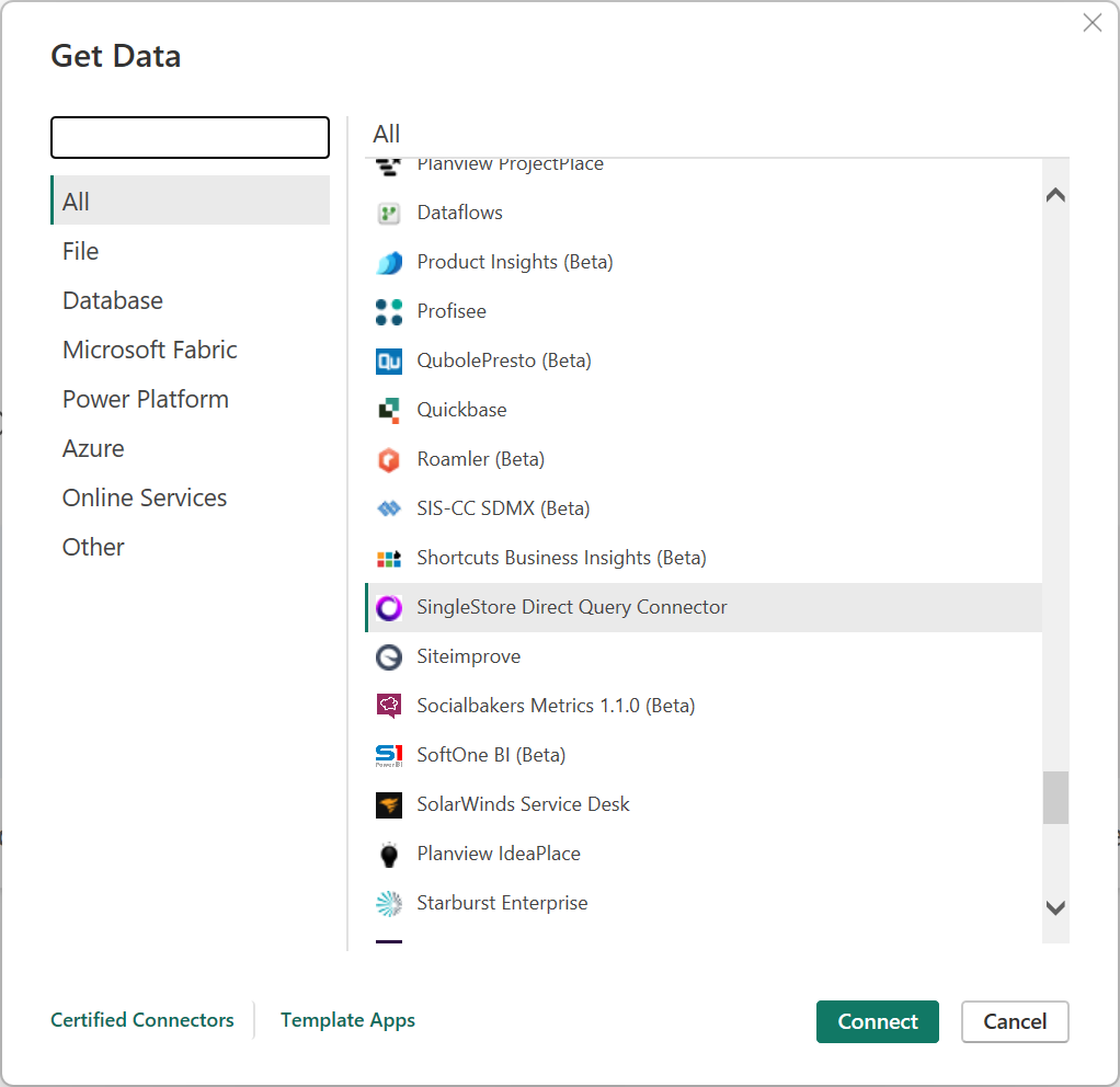 Find SingleStore-forbindelserne i dialogboksen Hent data.