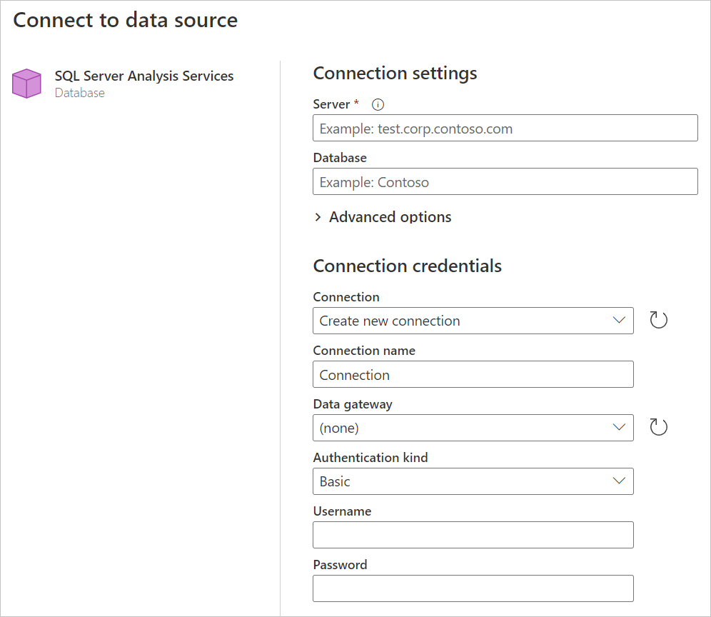 Skærmbillede af SQL Server Analysis Services databaseforbindelsesbygger i Power Query Online.