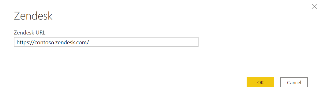 Skærmbillede af Zendesk-forbindelsesdialogen med Zendesk URL-lokationen udfyldt og klar til at vælge OK.