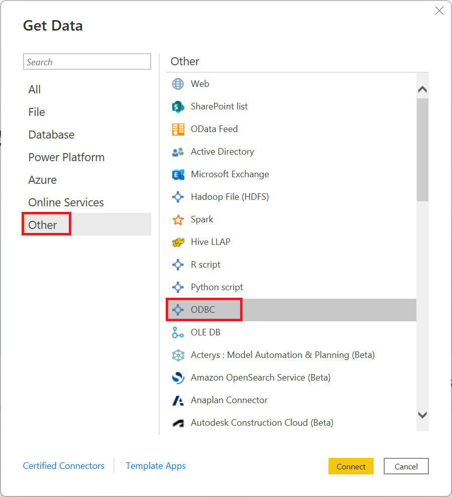 Skærmbillede af dialogboksen Hent data i Power Query Desktop, der viser valget O D B C.