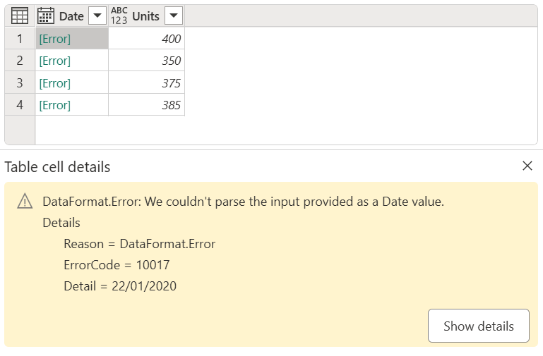 Skærmbillede af konverteringsfejlen for datatypen.