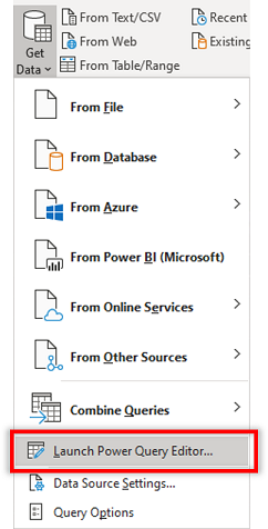 Start Power Query-editoren i Excel fra Find Data-dropdownen.