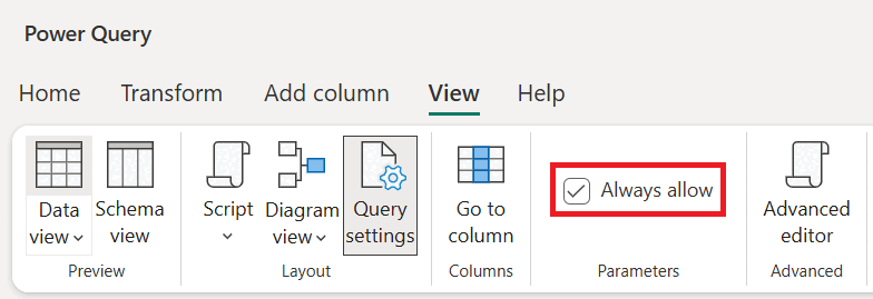 Skærmbillede af Power Query View-båndet med indstillingen Altid tillade.