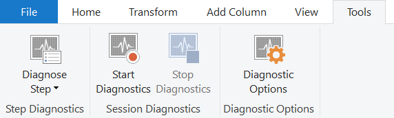 Skærmbillede af forespørgselsdiagnostikfunktionerne under Power Query Tools-båndet.