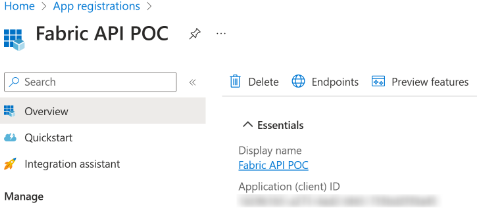 Skærmbillede, der viser en app i Azure Post Registration.