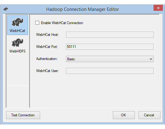 Hadoop connection manager editor with basic authentication Screenshot of Hadoop Connection Manager Editor with basic authentication