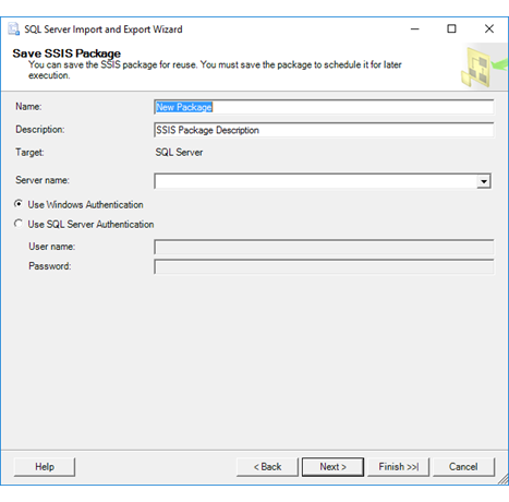 Save SSIS Package page of the Import and Export Wizard Screenshot showing the Save SSIS Package page of the Import and Export Wizard if you selected the SQL Server option on the Save and Run Package page.