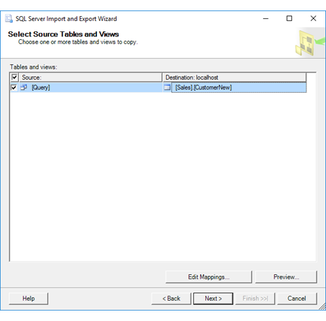 Select tables page of the Import and Export Wizard Screenshot showing the Select tables page of the Import and Export Wizard if you provided a query.