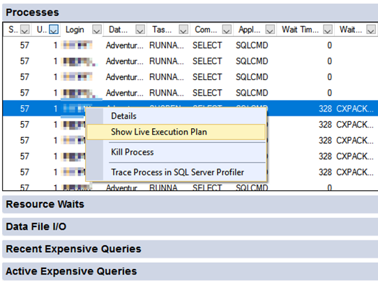 Screenshot of Live Query Stats button in Activity Monitor.