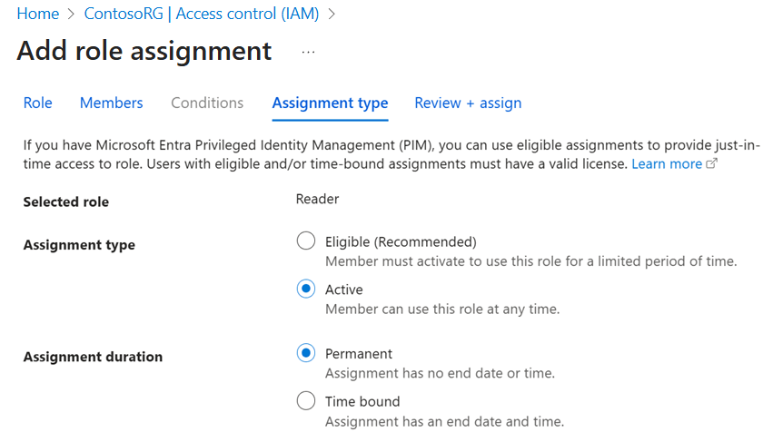 Screenshot of setting the Assignment type to Active and the Assignment duration to Permanent on the Assignment type tab in the Azure portal.