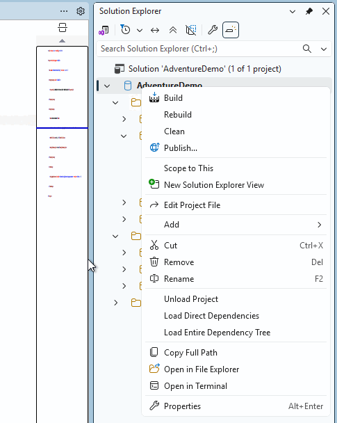 Screenshot of Solution Explorer in SQL Server Management Studio with the Build option available.