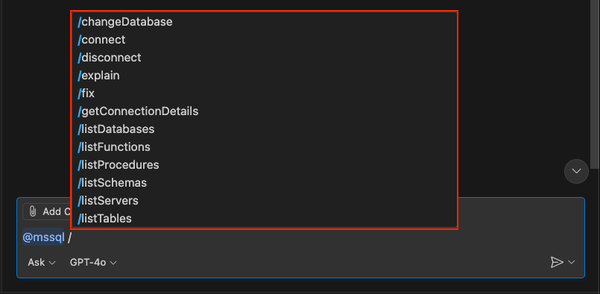 Screenshot of the first set of slash command options from the MSSQL extension in GitHub Copilot chat.