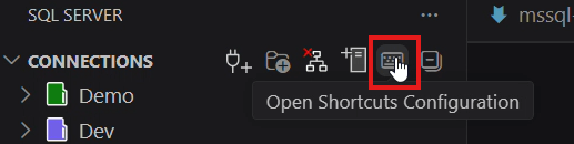 Screenshot of the MSSQL extension toolbar showing the Open Shortcuts Configuration button.