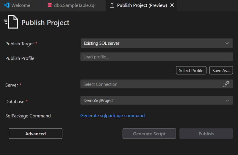 Screenshot of Publish Project dialog showing publish target, server, and database fields.