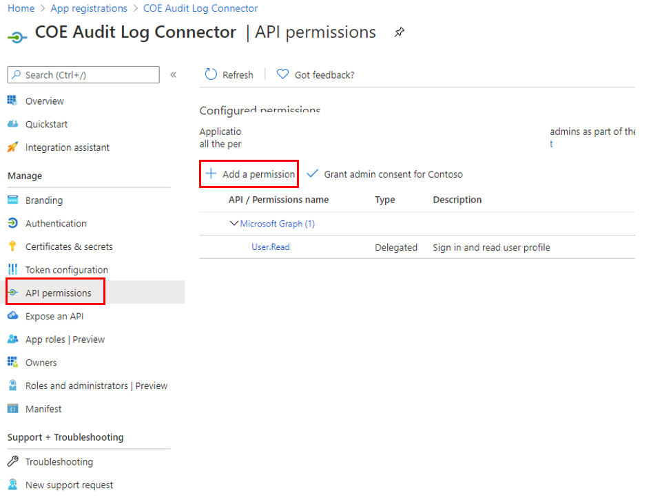 Screenshot of select API permissions and + Add a permission.