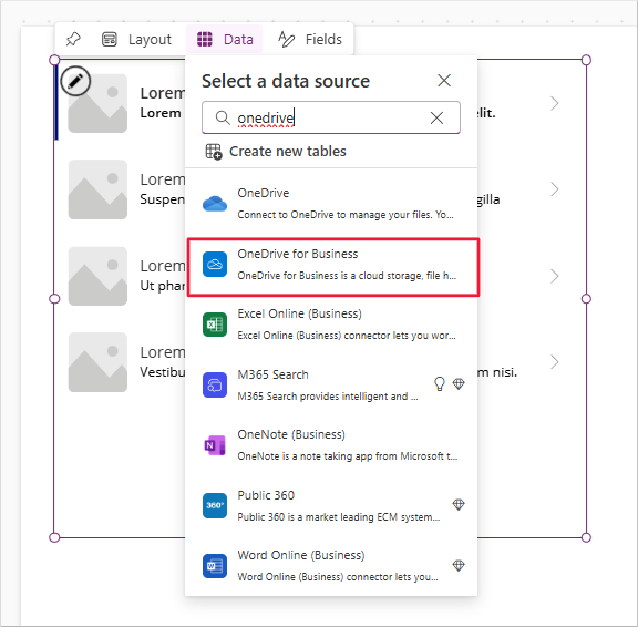 Screenshot of newly inserted gallery showing Data field. OneDrive is entered into the search box and OneDrive is selected.