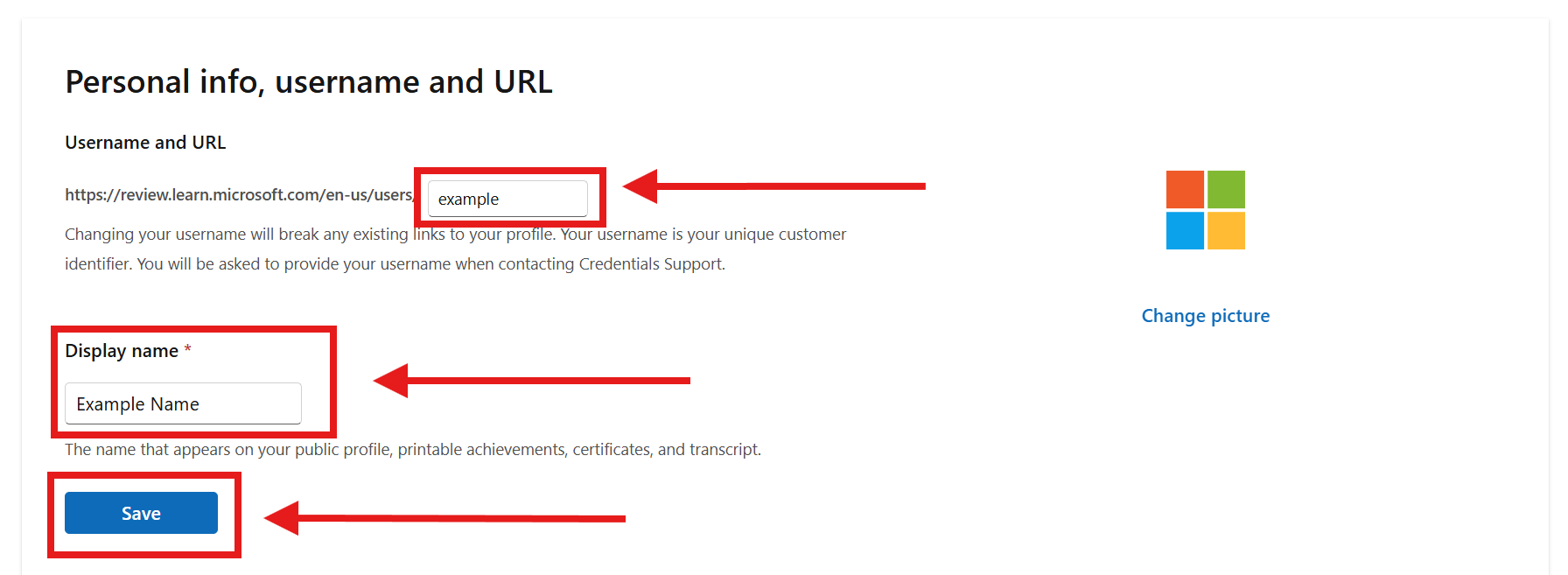 Skærmbillede af afsnittet Personlige oplysninger, brugernavn og URL-adresse i profilindstillingerne i Microsoft Learn.