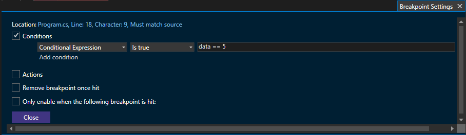ConditionalBreakpoint Screenshot showing how to set a conditional breakpoint.