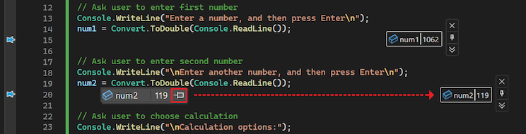 Screenshot showing how to pin a data tip.