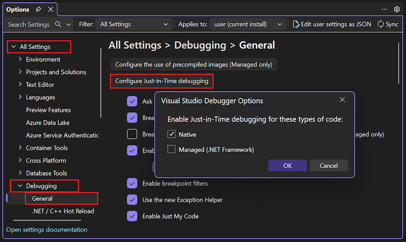 Screenshot that shows how to configure Just-In-Time debugging in Visual Studio.
