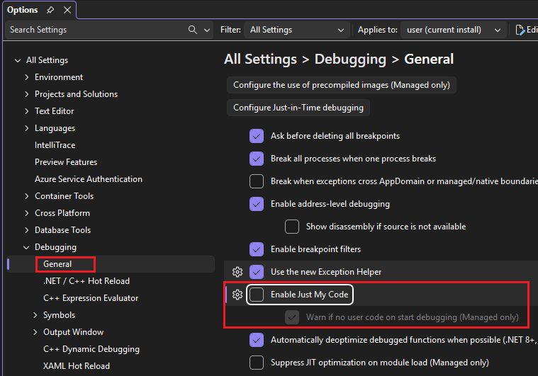 A screenshot of the Visual Studio debugging settings.