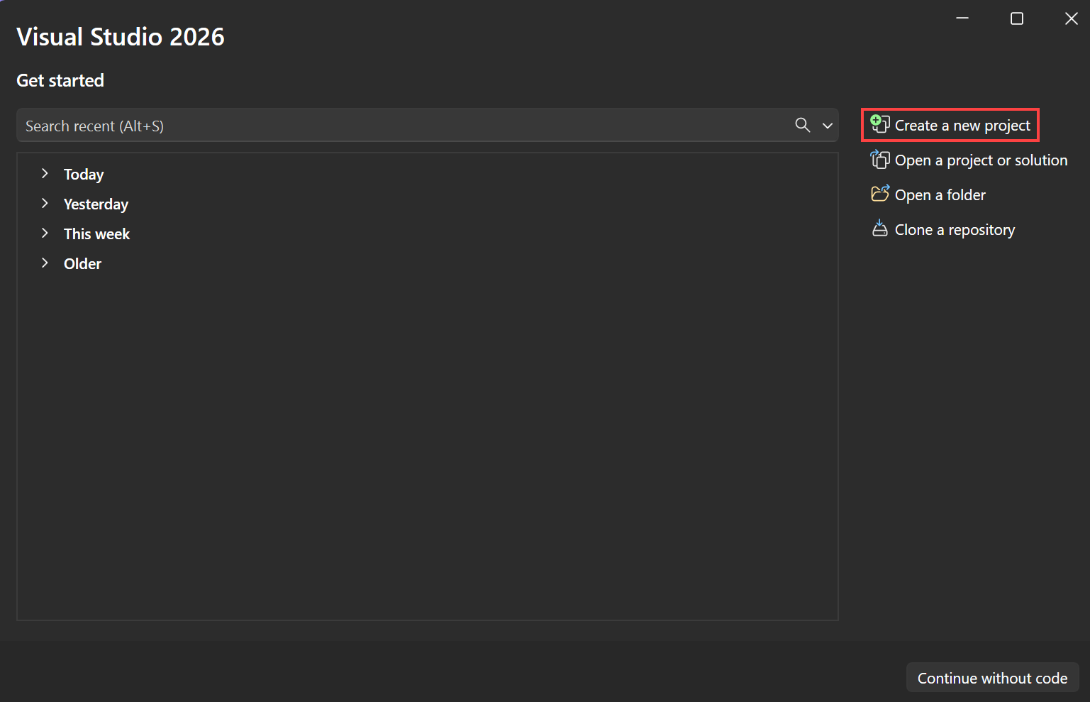 Screenshot shows the Create a new project option in the Visual Studio start window.