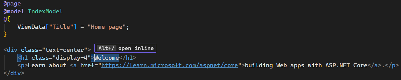 Screenshot shows the Index.cshtml file for the Home page in the Visual Studio Code editor.
