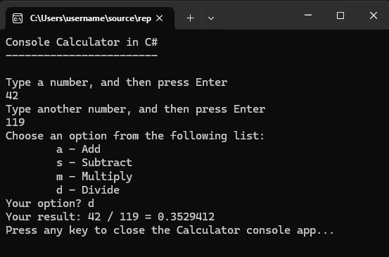 Screenshot of a Console window showing the Calculator app that now returns a decimal numeral as a result.