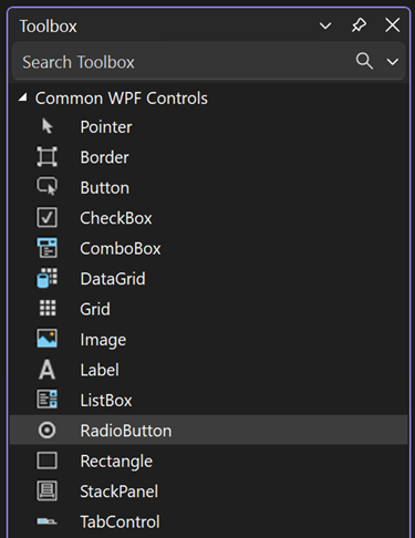 Screenshot of the Toolbox window with the RadioButton control selected in the list of Common WPF Controls.
