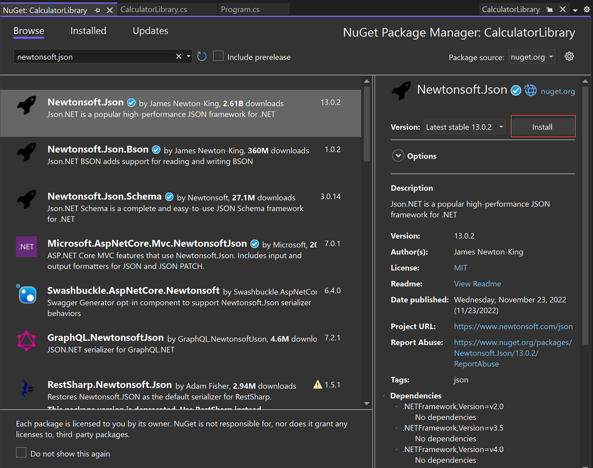 Screenshot of Newtonsoft JSON NuGet package information in the NuGet Package Manager.