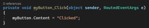 Screenshot showing the C# code for the default Button_Click event handler in Visual Studio 2022.