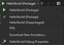 Screenshot showing the dropdown box open next to the Play button with 'HelloWorld (Package)' selected.