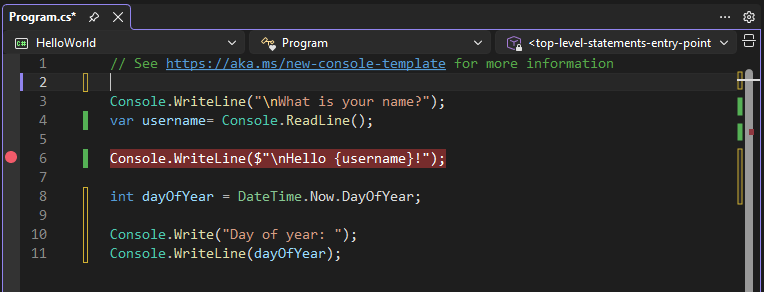 Screenshot that shows a breakpoint on a line of code in Visual Studio.