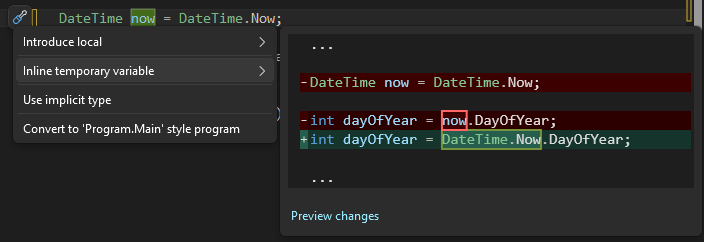 Screenshot showing the Inline temporary variable suggestion in Visual Studio.