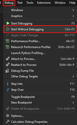 Screenshot that shows the Debug > Start without Debugging menu item.