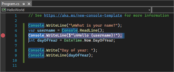 Screenshot that shows a breakpoint on a line of code in Visual Studio 2022.