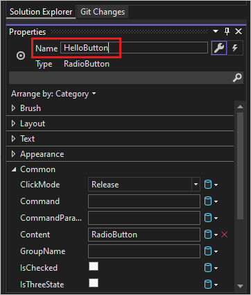 Screenshot showing the Solution Explorer Properties window in Visual Studio 2022 for the 'HelloButton'  RadioButton.