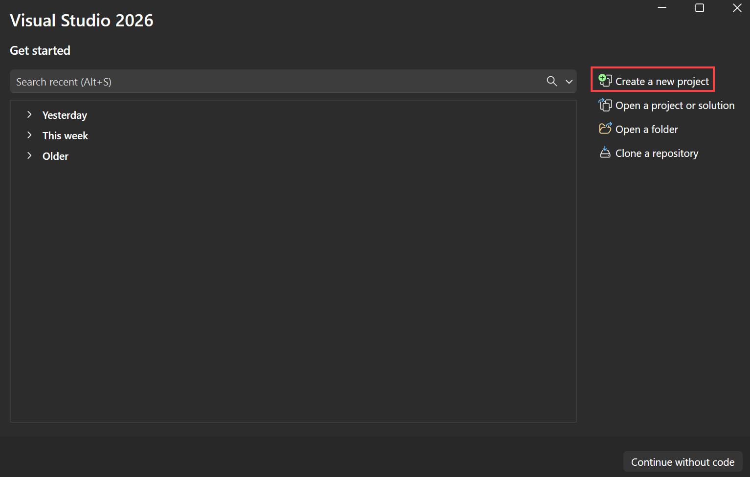 Screenshot showing the Visual Studio start window with  the Create a new project option selected.