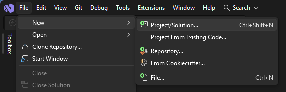 Screenshot of the File > New > Project selection from the Visual Studio menu bar.