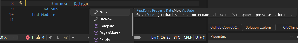 Screenshot that shows IntelliSense list members in Visual Studio.