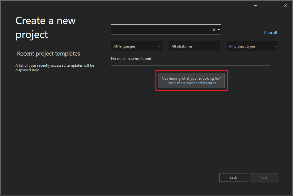 Screenshot showing the Create a new project window in Visual Studio 2022 with the 'Install more tools and features' link highlighted.