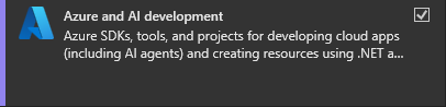 Screenshot of the Azure and AI development workload selected in the Visual Studio Installer.