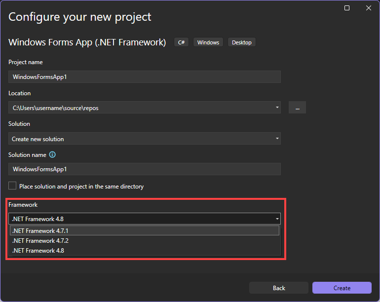 Screenshot of the Framework drop-down list in Visual Studio.