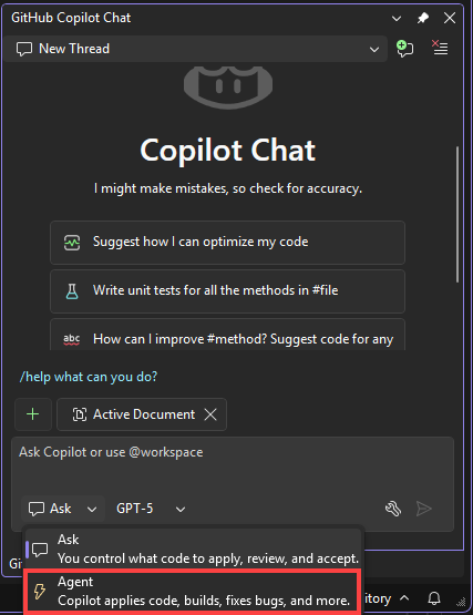 Screenshot of the Copilot agent mode selector.