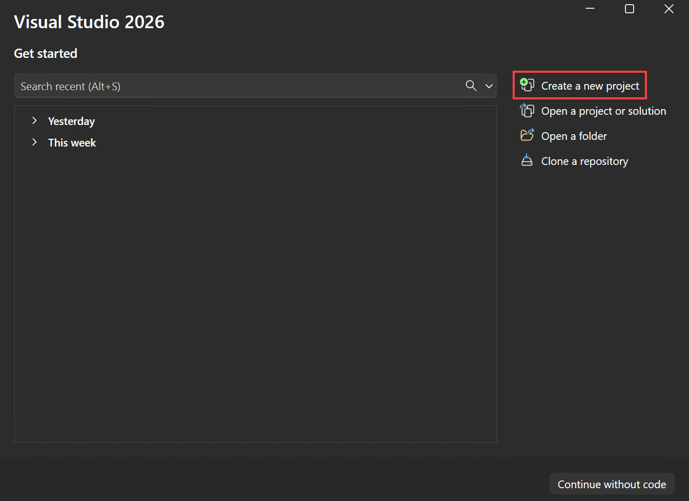 Screenshot that shows the Create a new project option.