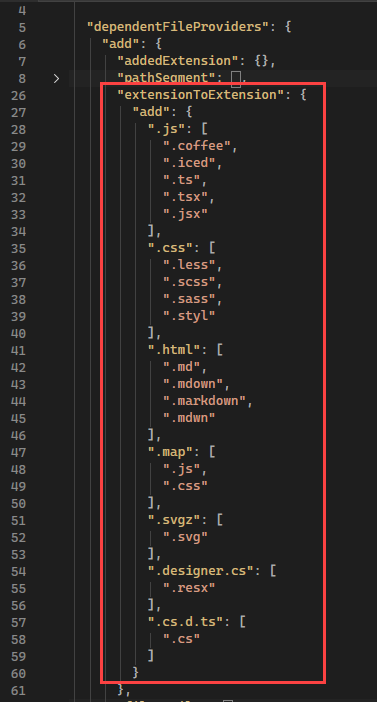 Screenshot that shows an extentionToExtension rule.