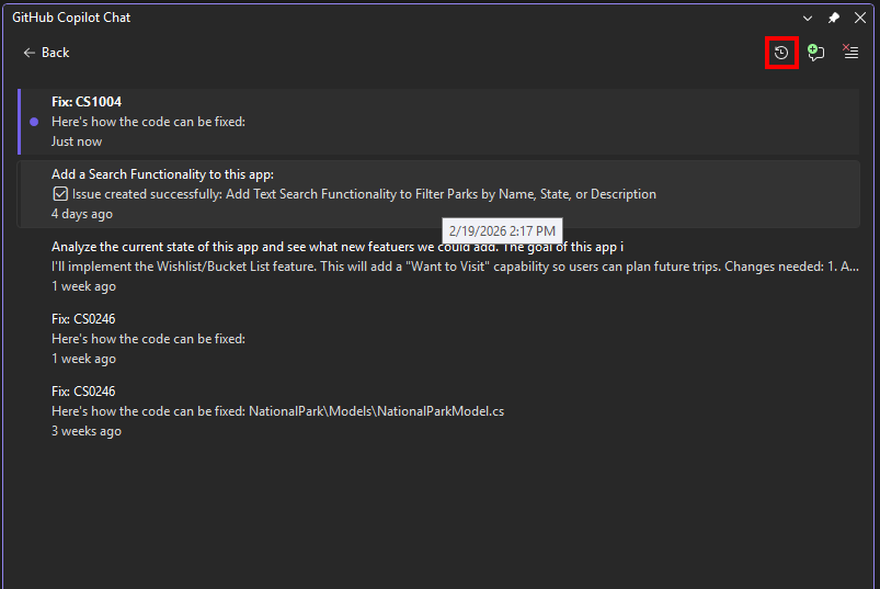 Screenshot of the Chat History panel showing session title, message preview, and last updated time.